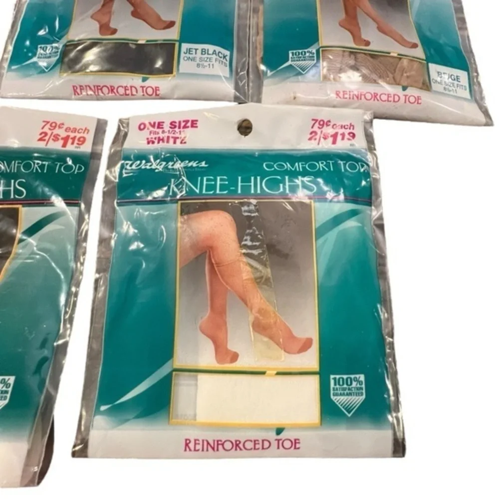 Vintage NIP WALGREENS KNEE HIGH STOCKINGS Beige Black Navy White Comfort‎ Top